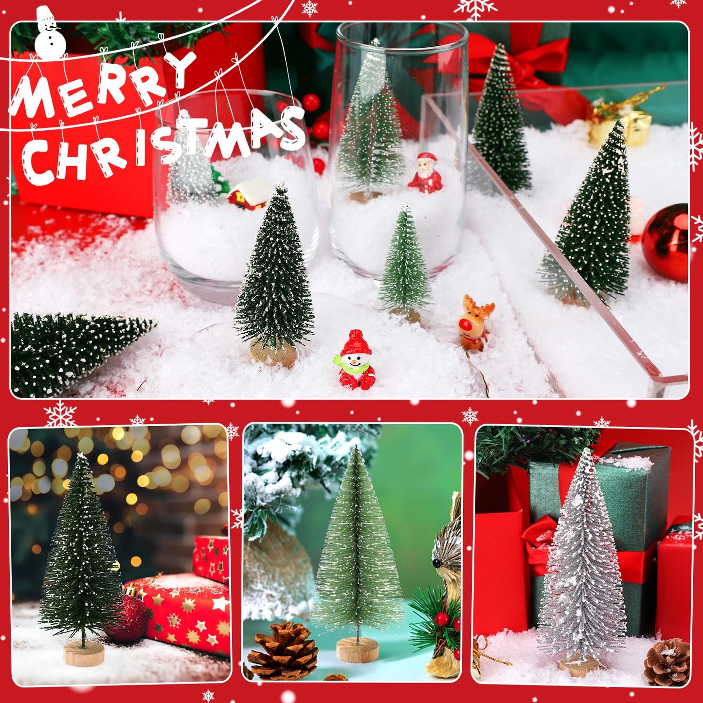 30Pcs Mini Christmas Tree Decor, Artificial Christmas Tree 5 Sizes,Mini Sisal Snow Frost Trees with Wooden Base for Christmas Decor Christmas Party Home Table Craft Decorations (A-Green/Silver)