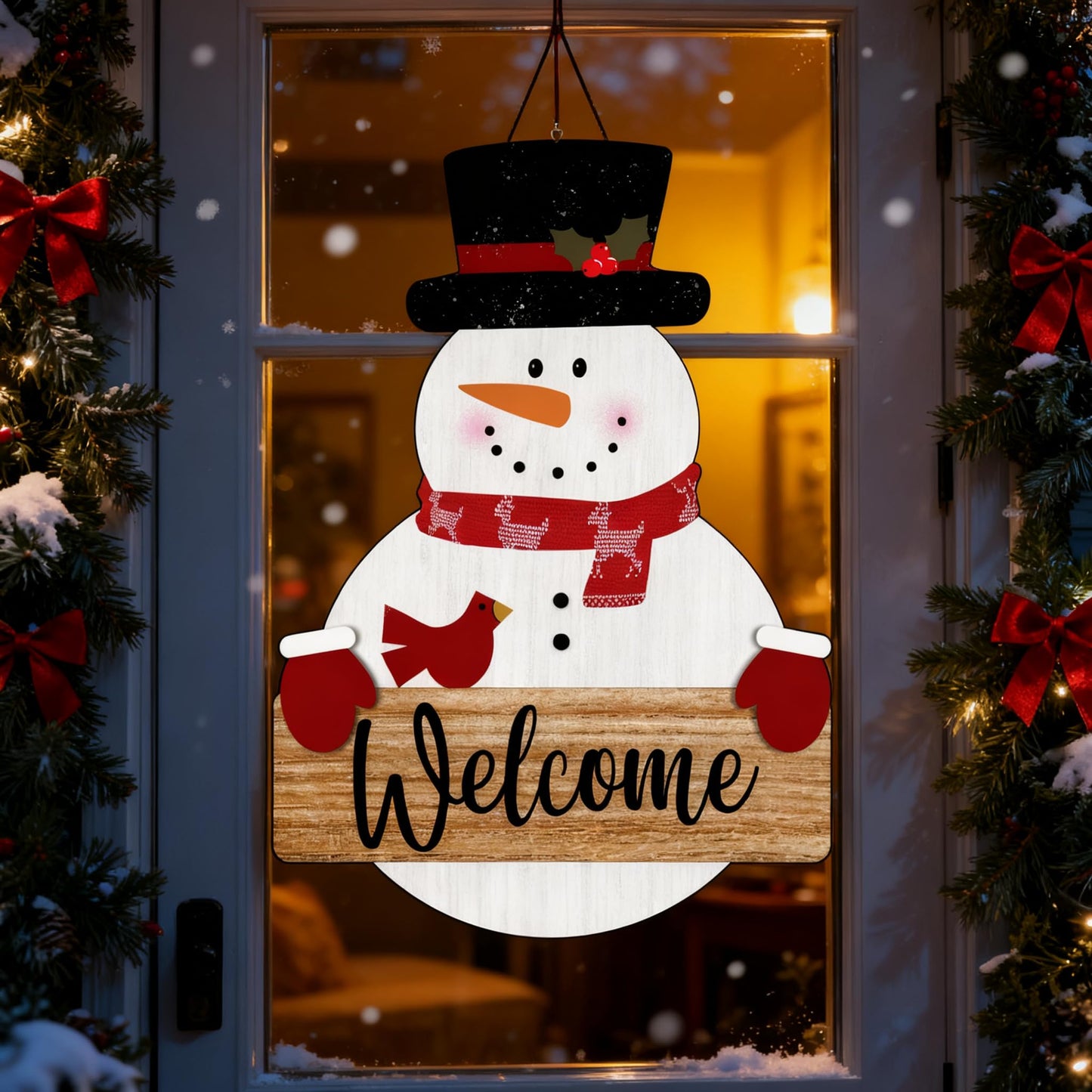 Snowman Merry Christmas Welcome Sign - Snowman Christmas Door Hanger - Hello Winter Snowflake Round Wooden Decor for Tree, Front Door, Porch, Wall, Party Hanging Decorations, 10X10 Inches -B09