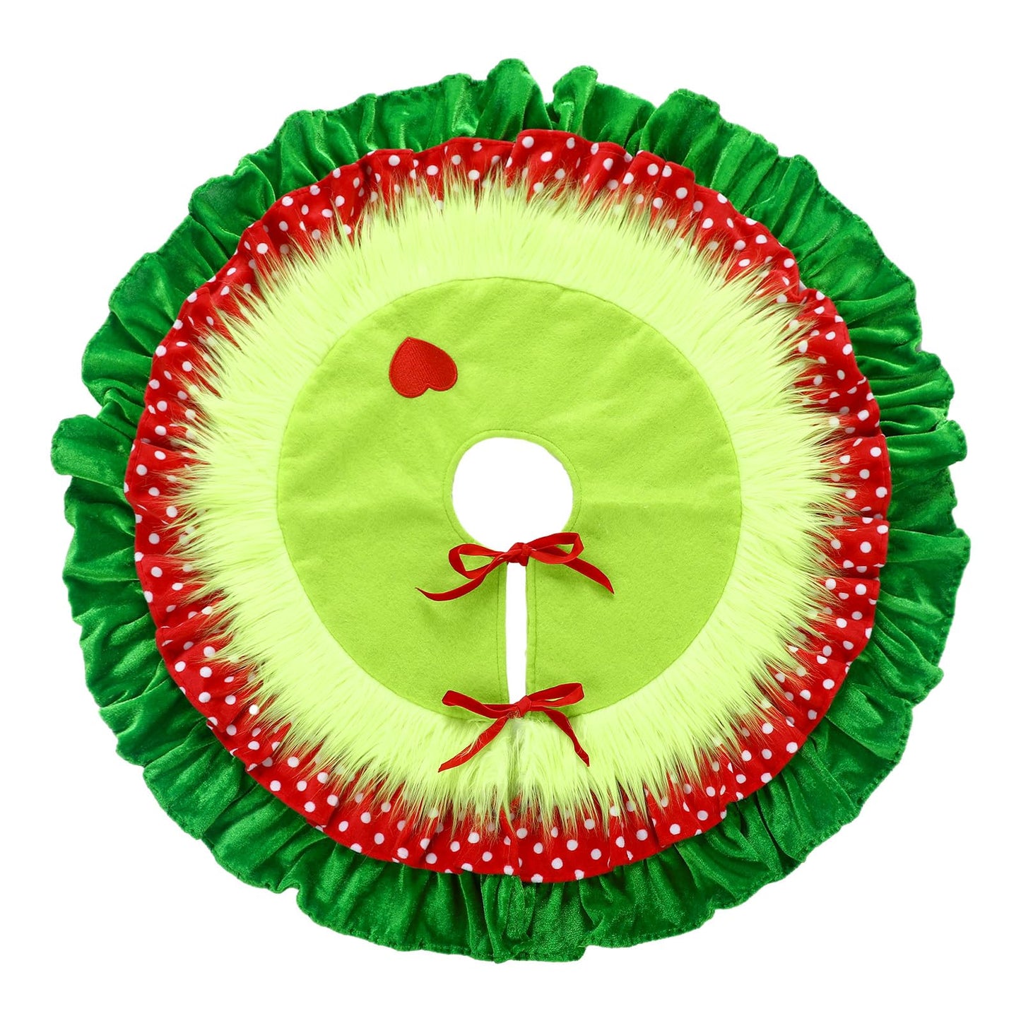 Gemscream 30 Inches Green Christmas Tree Skirt Xmas Decorations with Red Heart Patch for Tree Mat Collar with Red Green Trim for Christmas Party Indoor Outdoor Holiday Party Decor