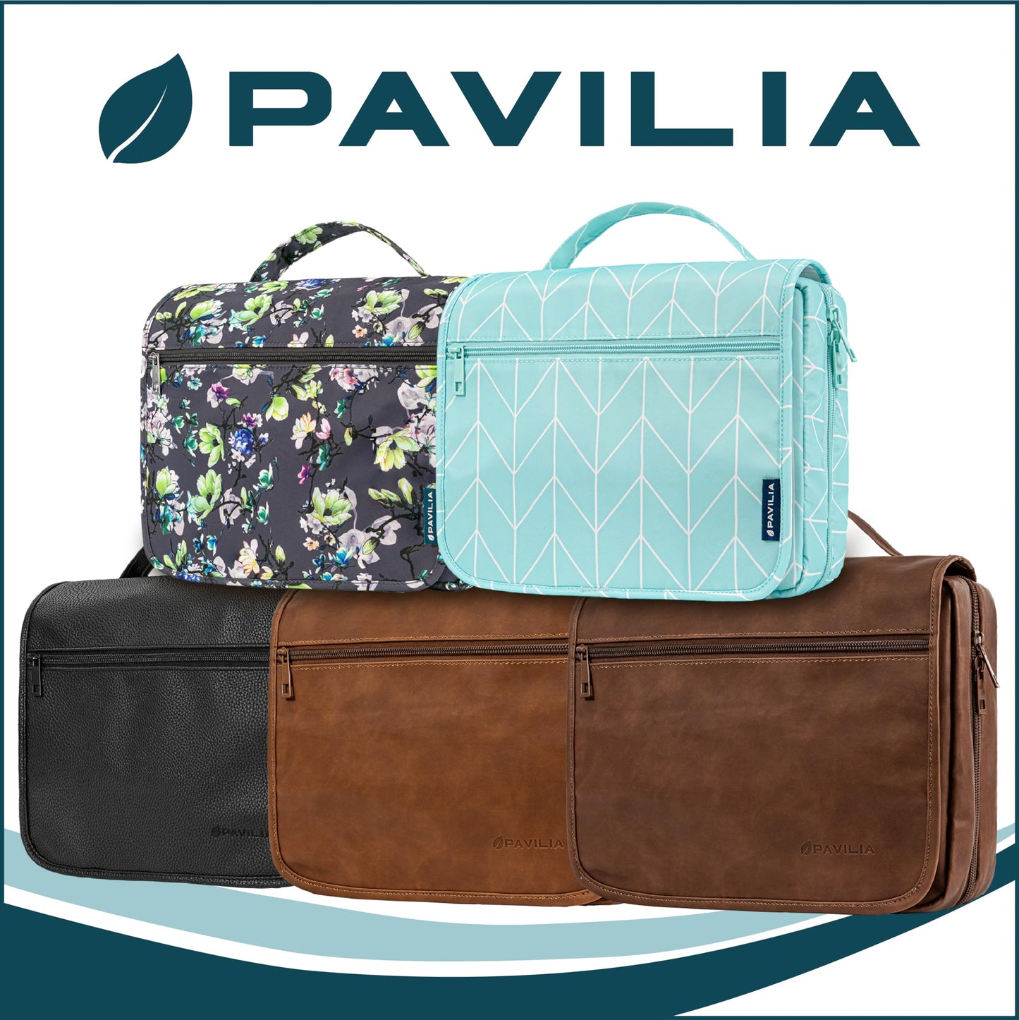 PAVILIA Hanging Toiletry Bag Women Men, Foldable Cosmetic Organizer Travel Bag, Water Resistant Makeup Bag Toiletries, Large Travel Essentials Kit (Dark Brown)