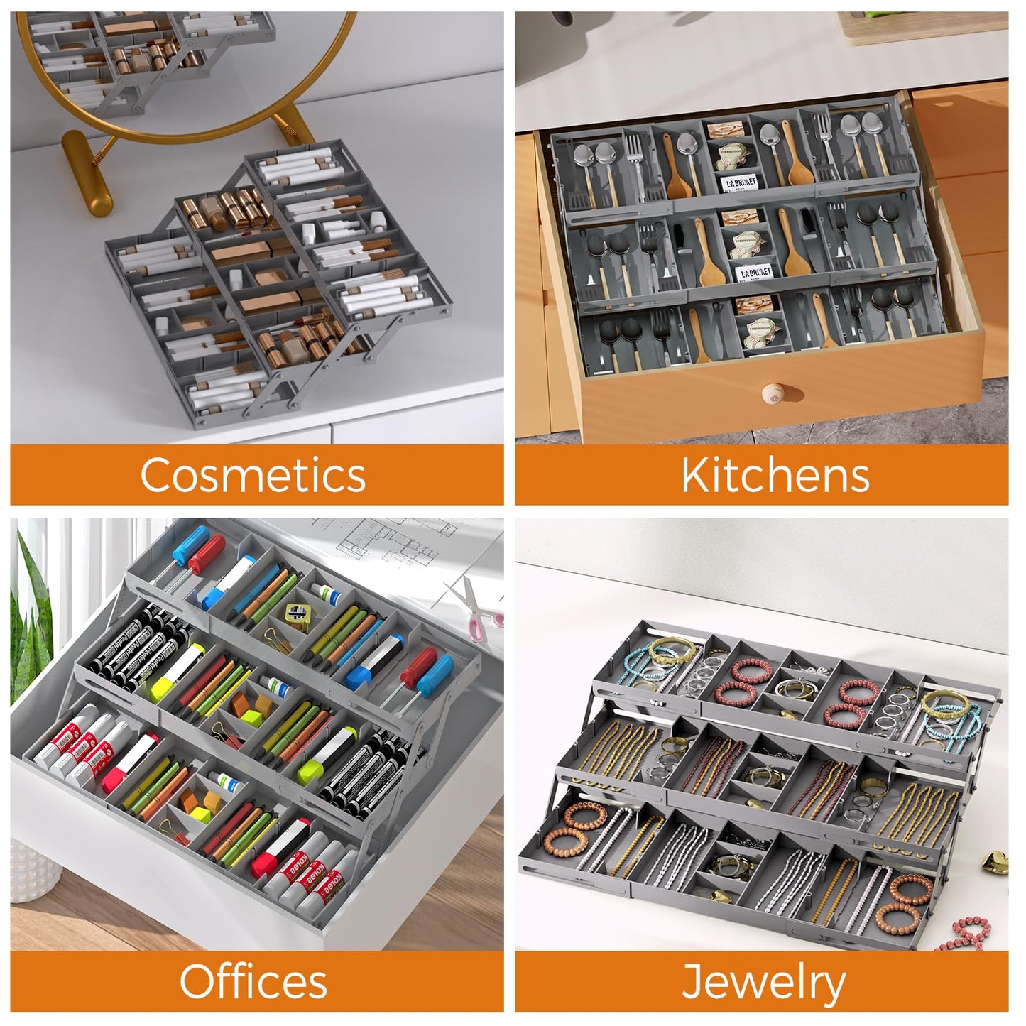 3 Tier Drawer Organizer - Expandable Junk Drawer Organizers Smart Office Supply Organizer, Folding Drawer Storage Multi-level Desk Organizer for Makeup,Jewelry,Cosmetics,Kitchen Storage (1 Row 3 Tier)