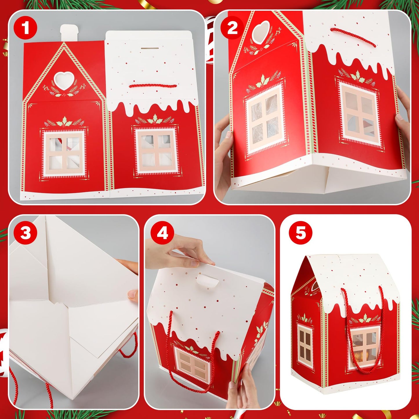 AmazingSpark 12 Pack Large Christmas Enchanted Gift Boxes Wonderland Cottage House Shaped Christmas Boxes with Handle, Real Estate Agent Gift Bag Xmas Paper Candy Packaging Box, 11.8 x 7.9 x 7inches