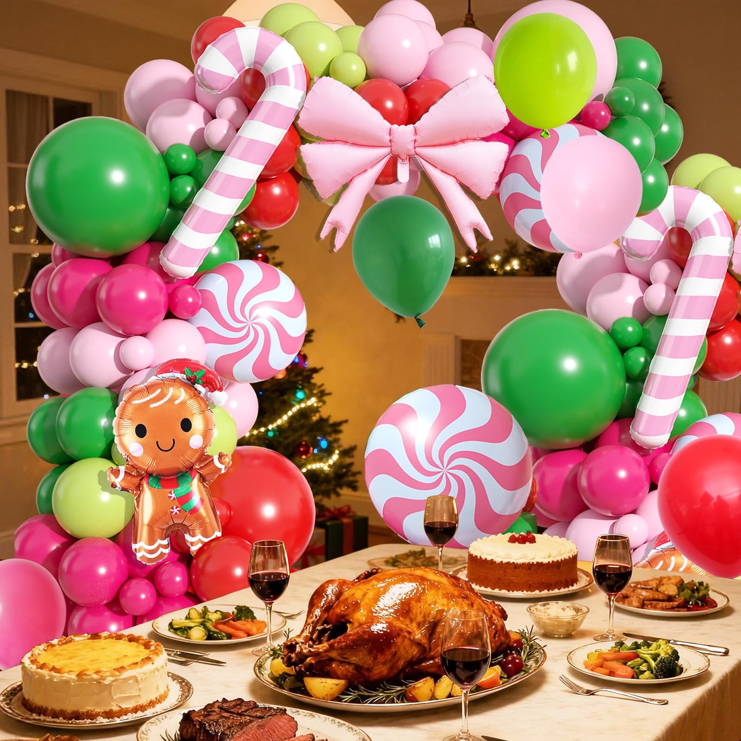 Christmas Balloons Arch Kit, 125 PCS Hot Pink Green Red Christmas Balloons, Gingerbread Balloon Garland with Candy Cane Bow & Gingerbread Foil Decorations for Party