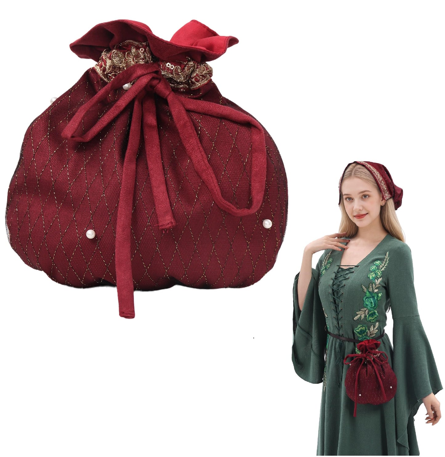 Medieval Velvet Pouch with Beads Drawstring Belt Purse Renaissance Waist Coin Bag for Ren Faire (Wine)