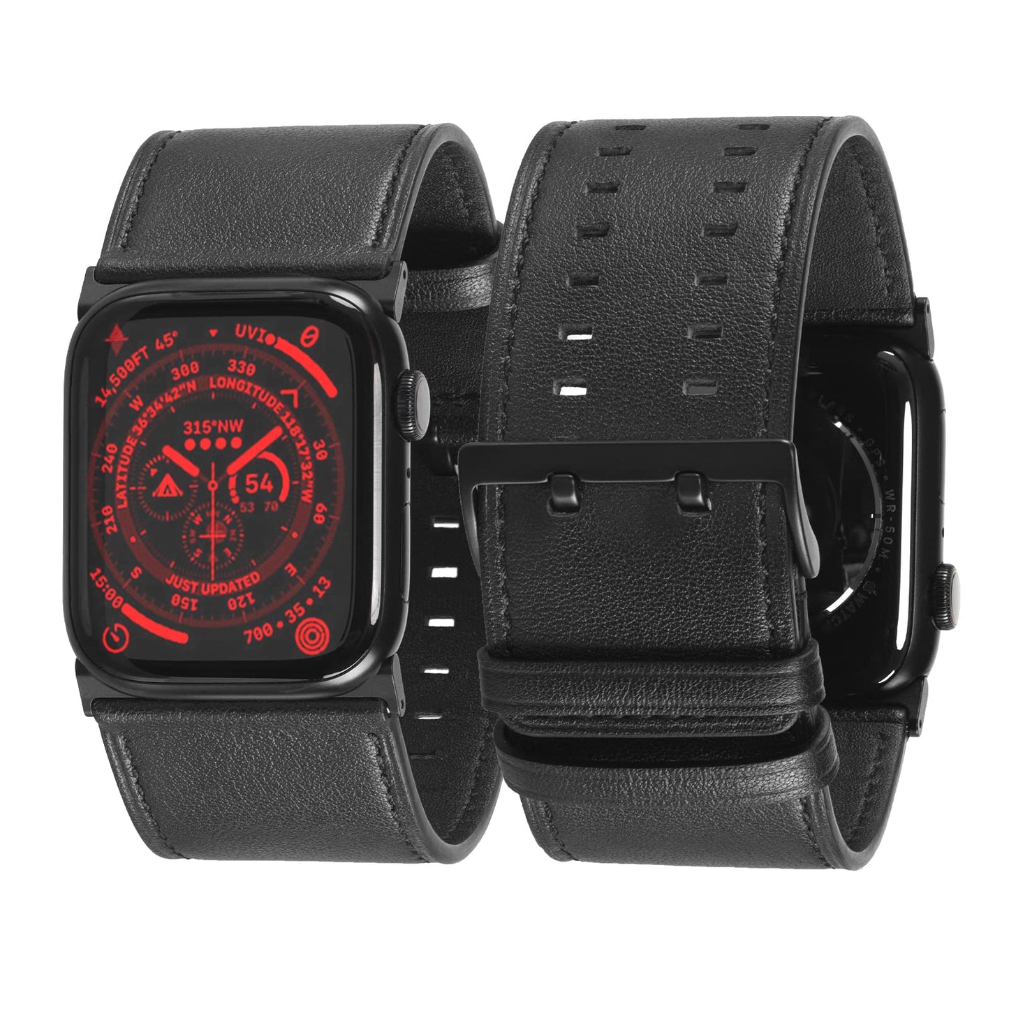 Tefeca Dual Series Band Compatible with Apple Watch Ultra 2/Ultra 49mm, Series 10 46mm, Series 9/8/7 45mm, SE2/SE/6/5/4 44mm (Black Leather with Black Adapters, 49/46/45/44mm)