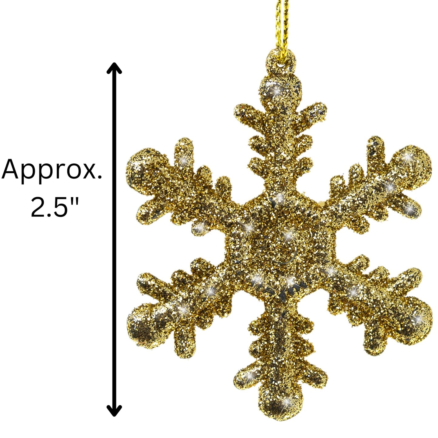 Gold Snowflake Christmas Ornaments Set of 36 – Glittered 2.5 Inch Hanging Snowflake Decorations for Christmas Tree, Windows, Wreaths, Crafts & Winter Holiday Décor