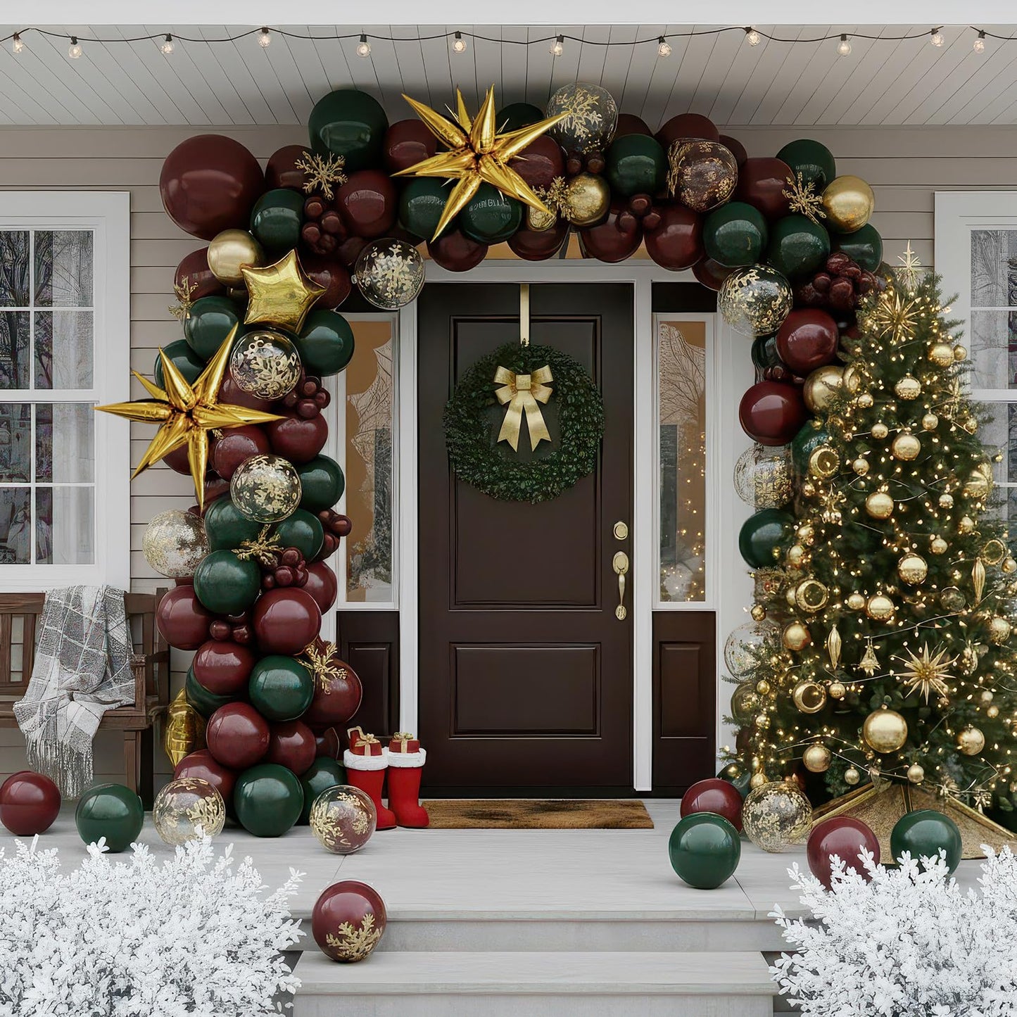 Winter Christmas Garland decorations with Maroon Hunter Green Gold confetti Balloon arch & Foil Star balloons & Artificial Snowflake Xmas Garland for wine red friendsmas new year party decorations