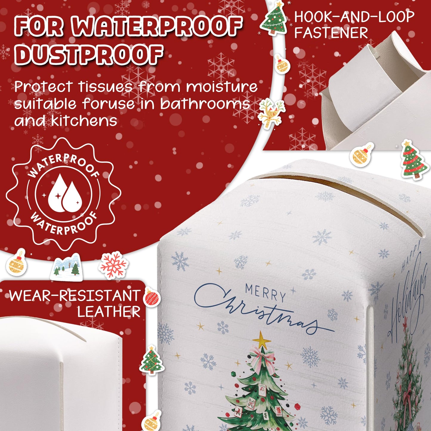 Christmas Tissue Box Cover Square, Snowflake Christmas Tree Decorative Tissue Box Holder, Waterproof Leather Tissues Boxes Dispenser for Bathroom, Office, Car, Bedroom Nightstand, Home Decor