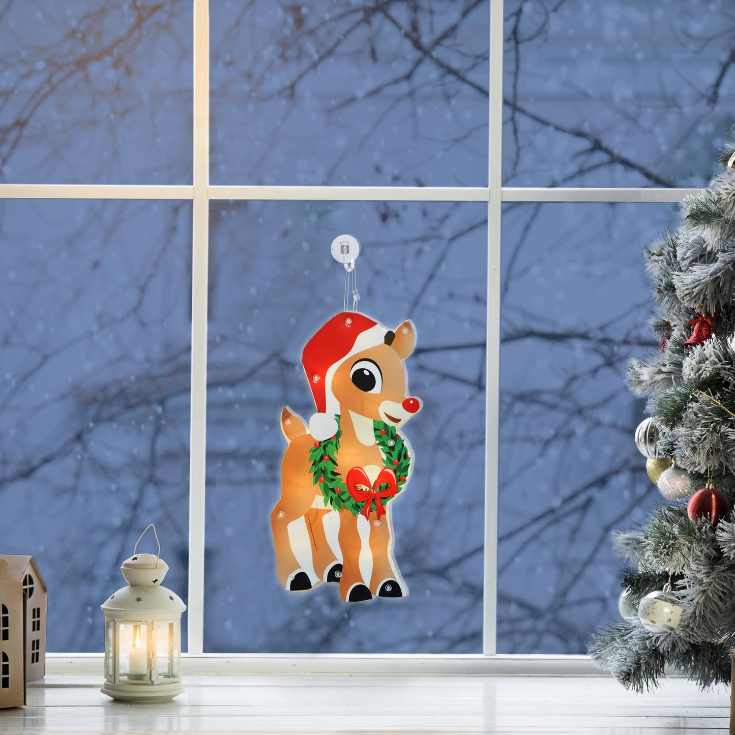 12IN Rudolph The RED Nosed Reindeer Lighted Holiday Christmas Window DÉCOR with Suction Cup for Hanging