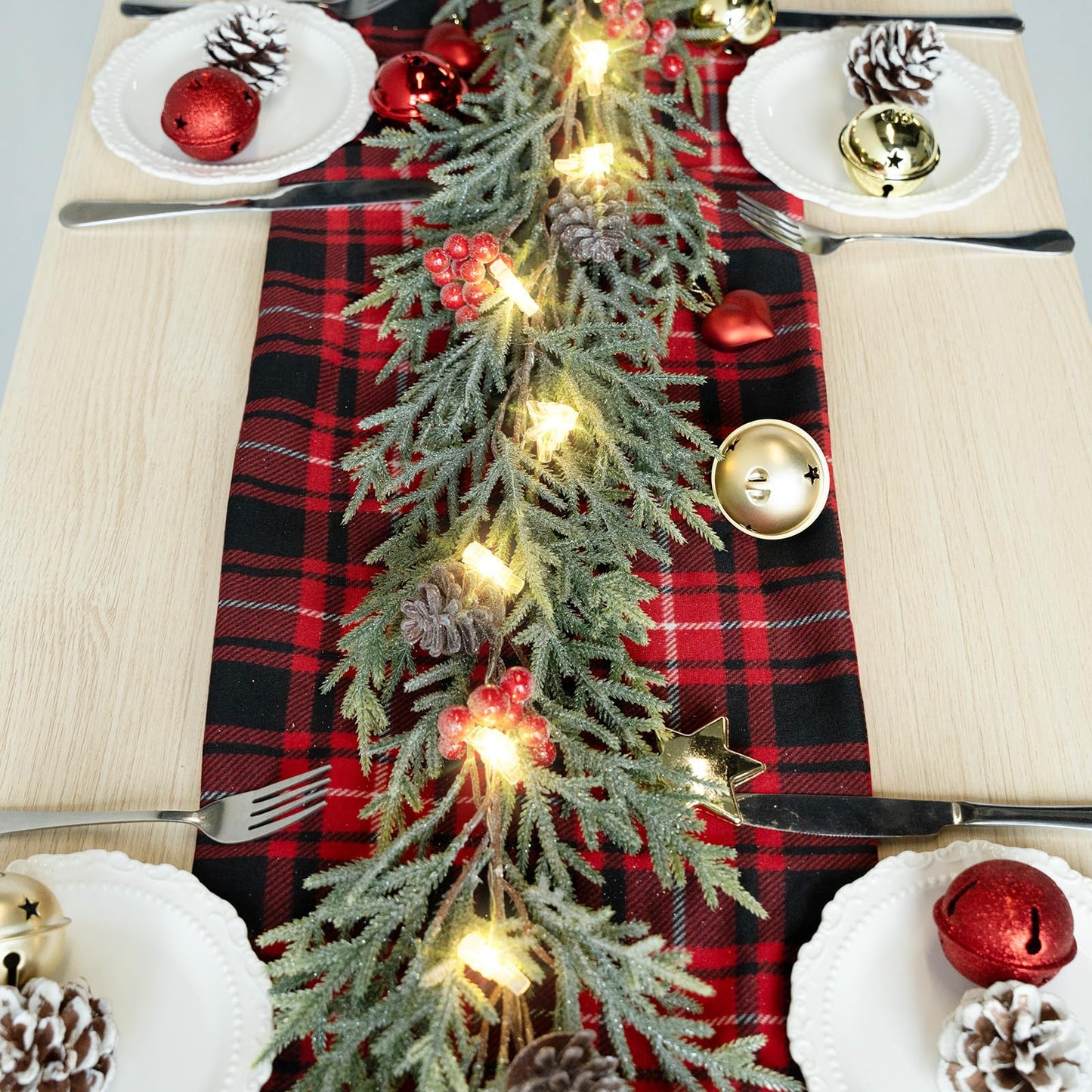 6FT Christmas Garland with Lights, Pre-Lit Artificial Pine Garland with Red Berries, Lighted Flocked Garland for Table Mantle Fireplace Door Stairs Windows Wall Indoor Outdoor Holiday Christmas Decor