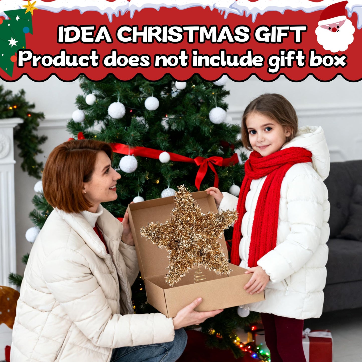 Joytry Christmas Tree Topper Star Shiny Gold Tinsel Star Tree Topper 10 Inch Lighted Tree Topper Battery Operated Christmas Tree Decoration for Holiday Indoor Decoration Warm White Light