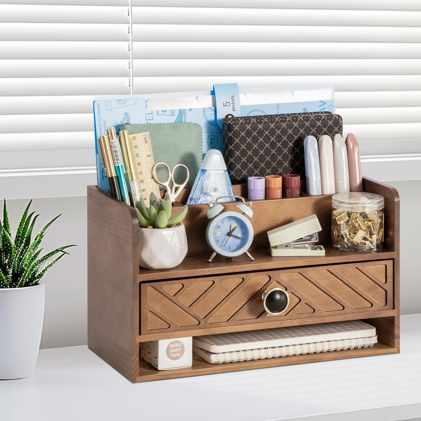 dreampossible Brown Wood Desk Organizer and Accessories with Drawer, Bill Mail Organizer and File Mail Holder for Office Supplies, Desk Accessories & Workspace Organizers