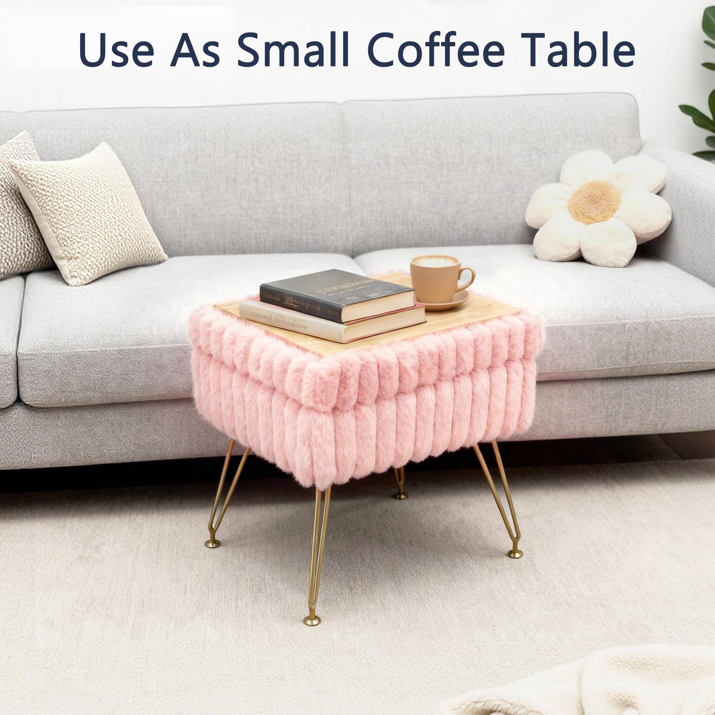 xupersodys Vanity Stool Chair with Storage, Faux Fur Soft Padded Ottoman with Coffee Table, Modern Vanity Chair Fluffy Footstool with Metal Legs for Makeup, Living Room,Bedroom Pink