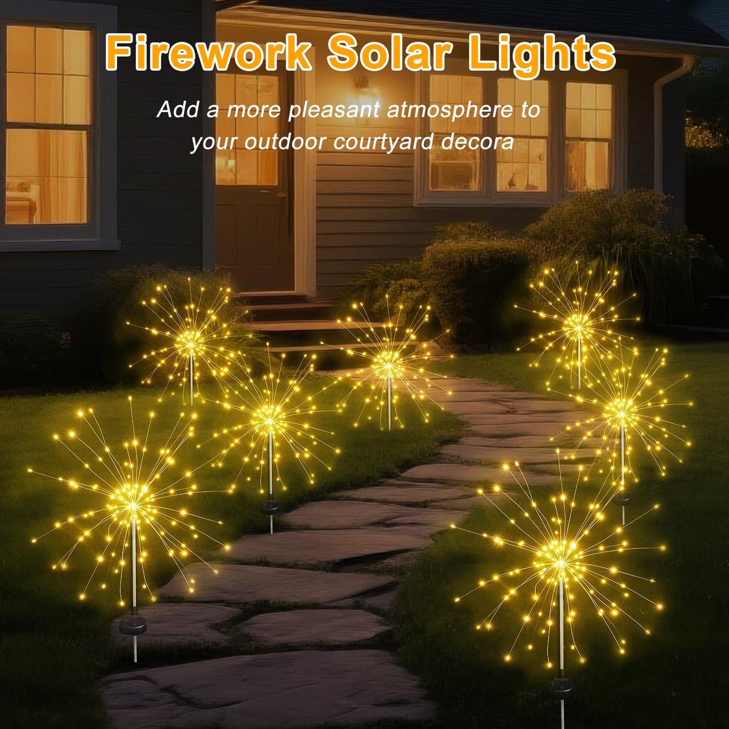 Aureate Horizon Solar Garden Firework Lights Outdoor Waterproof, 6 Pack Solar Lighting with 8 Lighting Modes, 120 LED Sparklers String Lights for Outside Decor Yard Pathway Decorations(Warm)