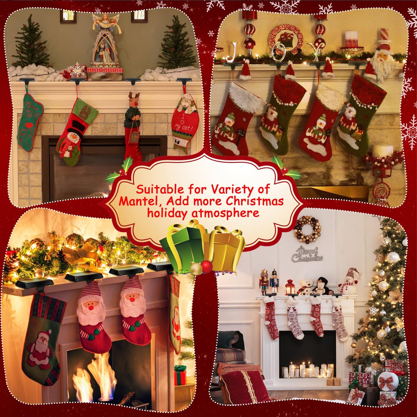 ToiULik Set of 4 Metal Christmas Stocking Holders for Mantle Heavy Duty Stocking Hangers Stocking Hook Christmas Ornaments for Counter Tables Window Fireplace Mantle Decoration(Black)