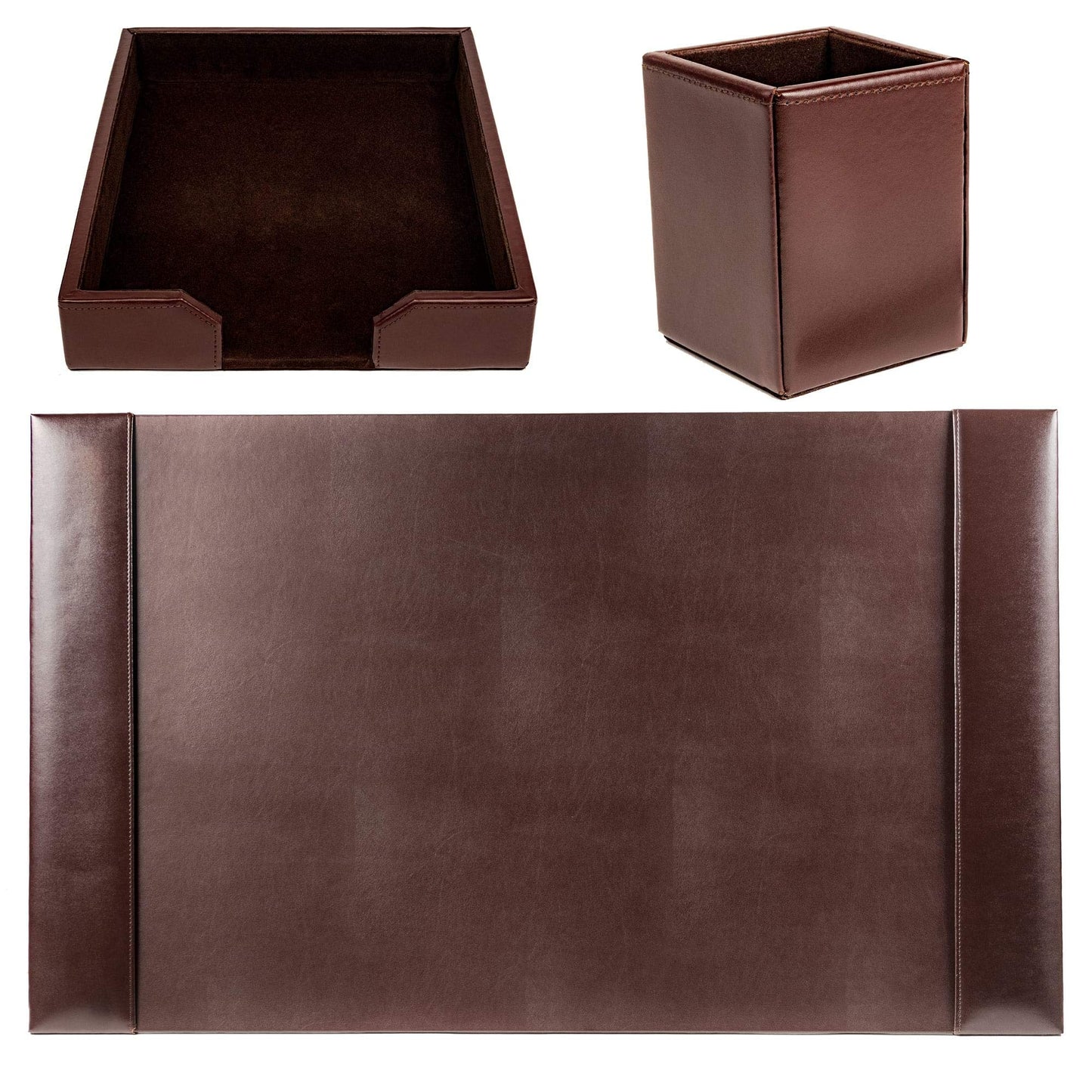 Dacasso Bonded Set Luxury Leather Desk Pad & Desk Organization Essentials, 3 Piece, Dark Brown