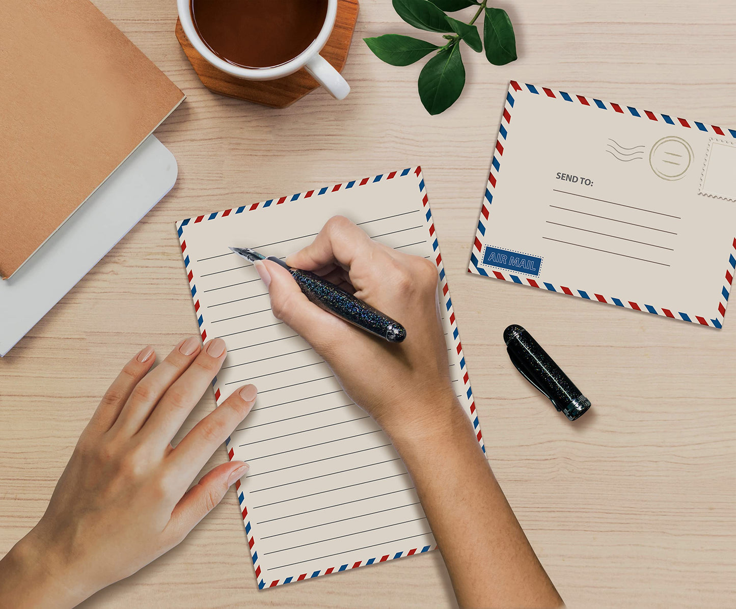 Better Office Products Vintage Airmail Mini Stationery Set, 100 Piece Set (50 Lined Sheets + 50 Matching Envelopes), 5.5 x 8.25 inch, Design, Double Sided Printing, Double Side Lined Paper,