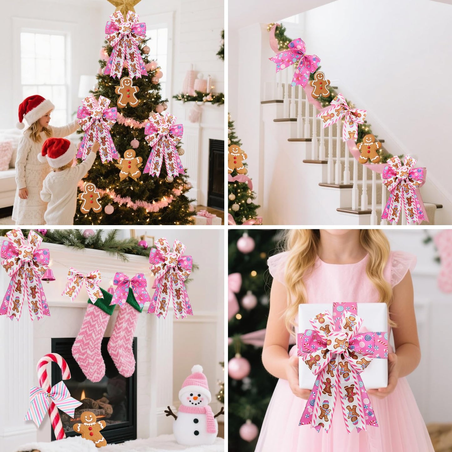 CRAFLOX Pastel Christmas Gingerbread Wired Ribbon for Wreath Bows, 3 Rolls, 2.5″ Wide, 15 Yards Total, Pastel Pink Candy Striped Wired Edge Ribbon for Crafts Supplies, DIY Bows