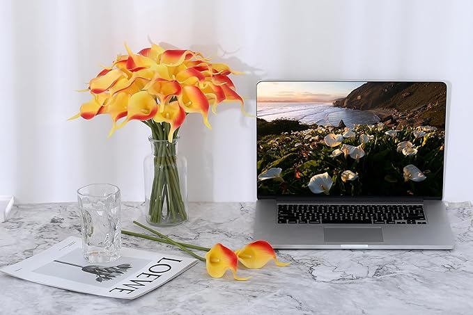 SITUMEIZI 24 PCS Orange Fake Flowers Artificial Calla Lily Silk Flowers Real Touch for Mother's Day Easter Home Kitchen Decor Wedding Bouquet Office Spring Decoration