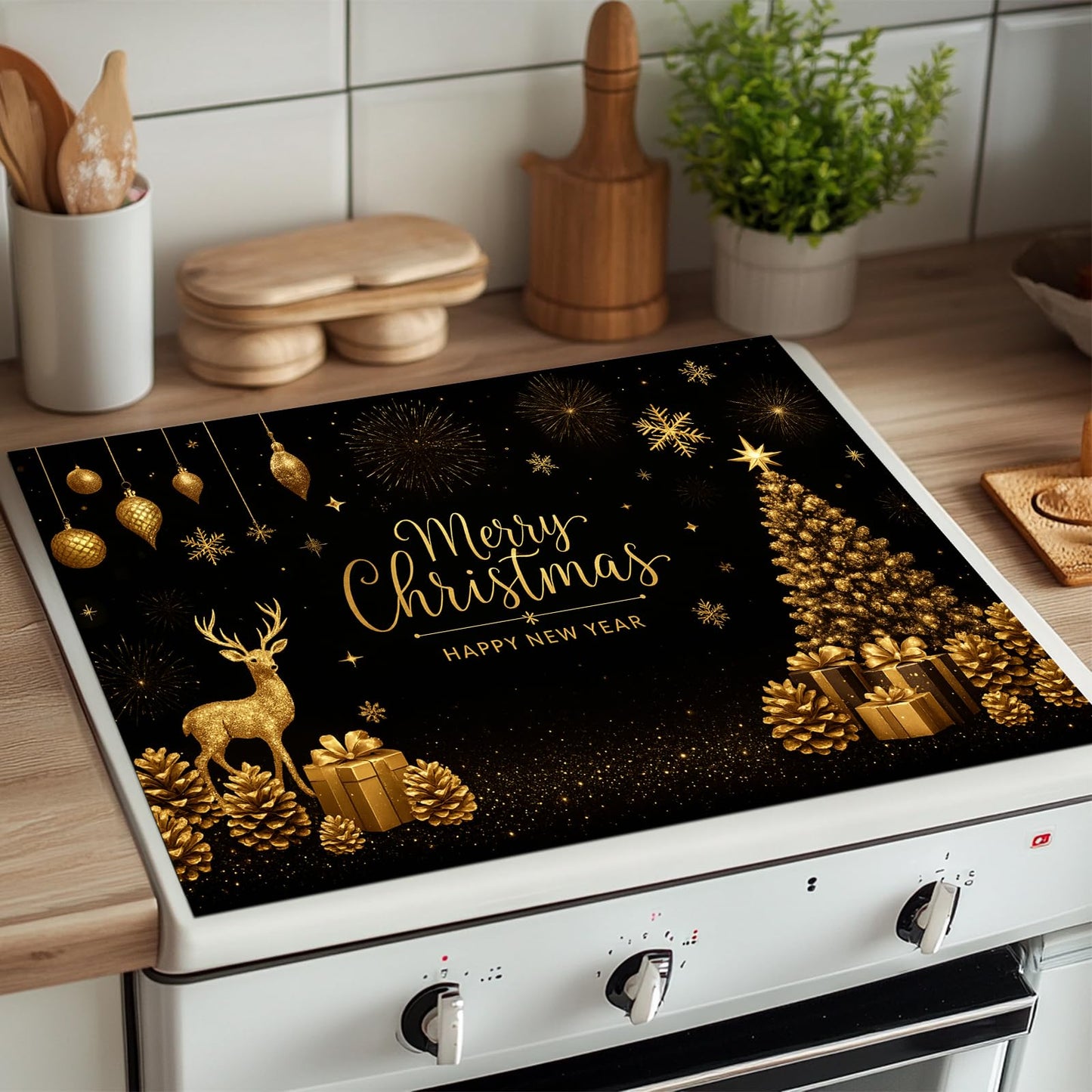 HOMETITUTE Christmas Stove Top Cover 28x20 Inch Glass Top Protector Silicone Cooktop Mat Heat Resistant Stovetop Cover Golden Deer Tree Holiday Kitchen Decoration