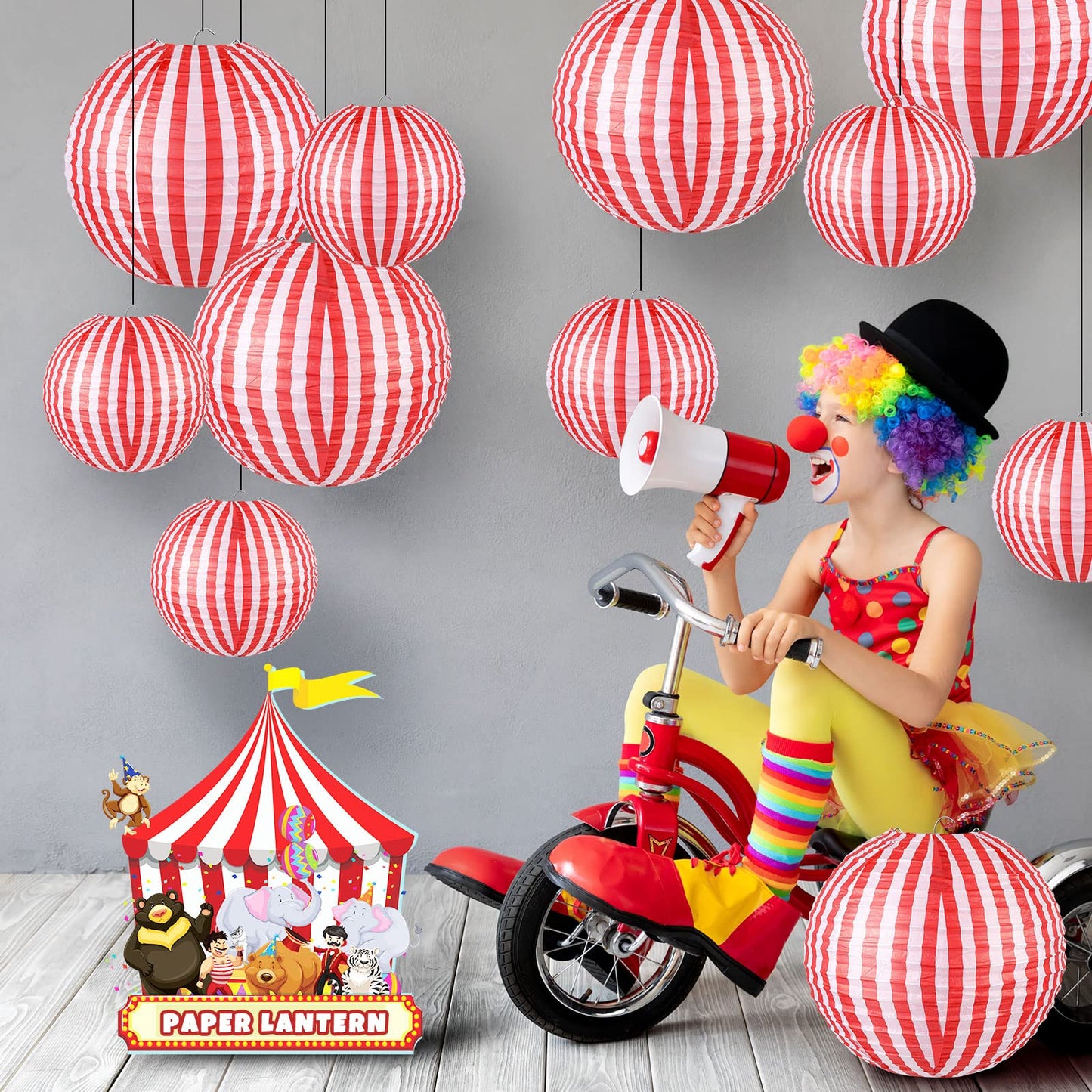 Hortsun 12 Pcs Carnival Circus Decorations Red and White Stripes Paper Lanterns Chinese Hanging Paper Lanterns for Carnival Circus Wedding Birthday Party Baby Shower Home Decoration