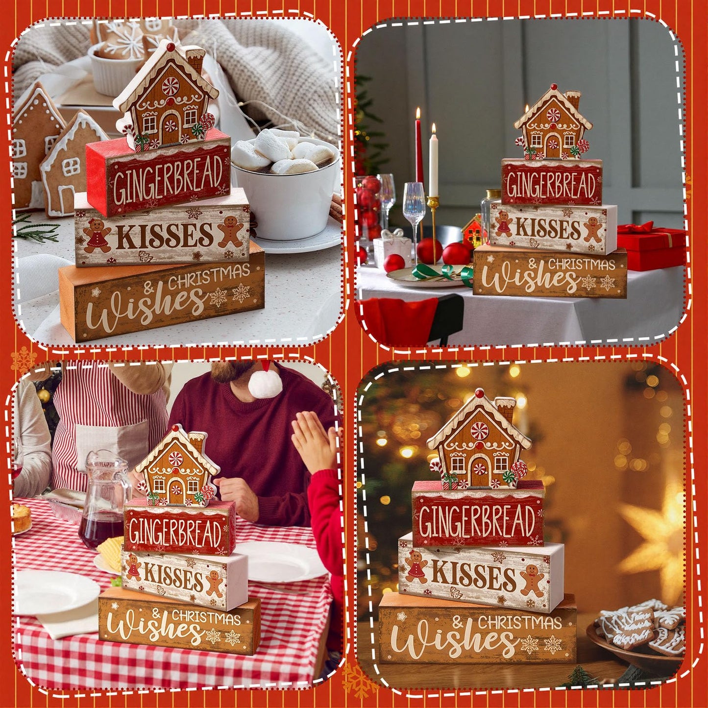 Moucuny 4 Pcs Christmas Table Decoration Gingerbread House Wooden Stacked Block Decor Gingerbread Centerpiece Block Signs Rustic Christmas Tiered Tray Decoration for Home Kitchen Coffee Bar