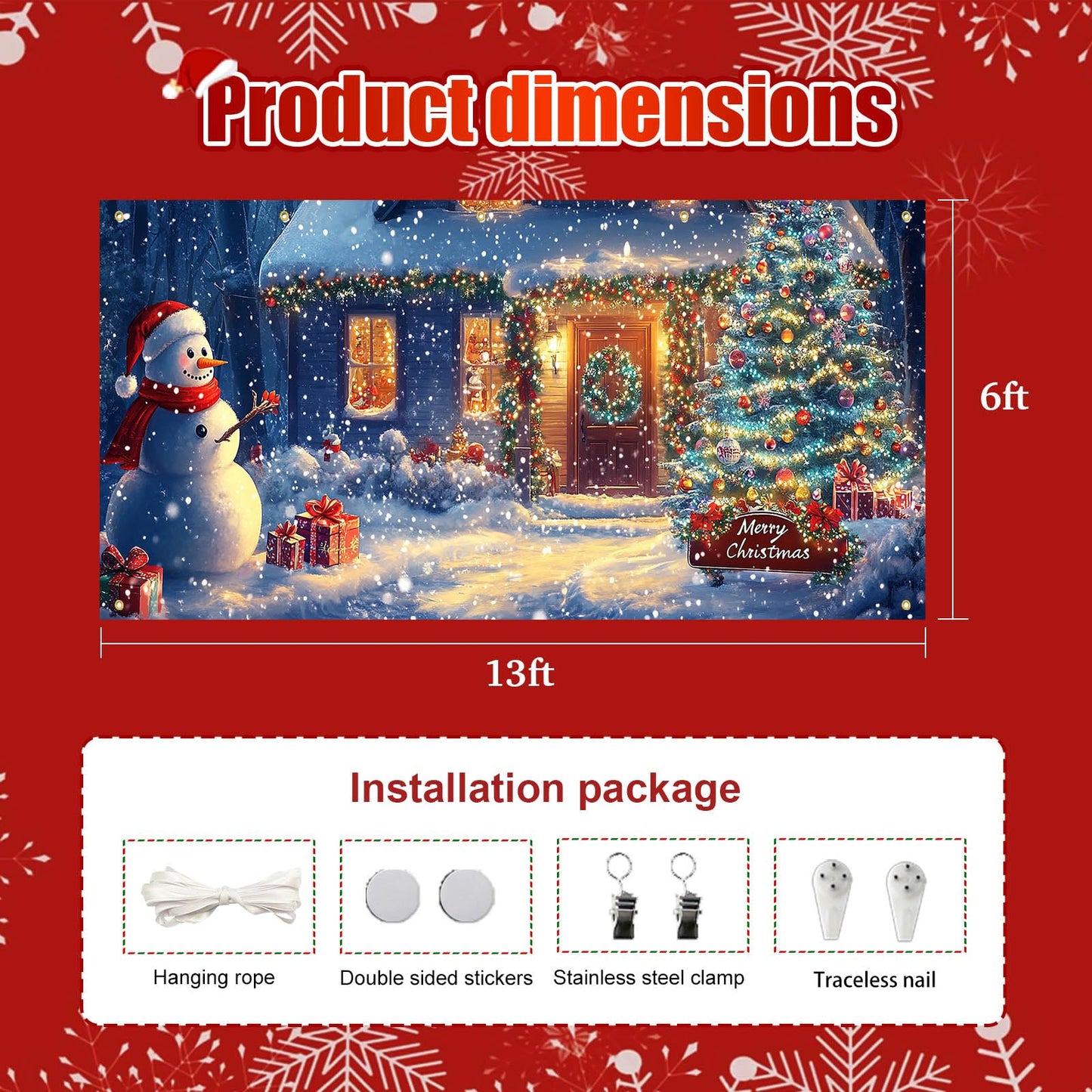 HOMETITUTE Christmas Door Banner 13x6ft Snowy Winter Scene Snowman Christmas Tree Gift Boxes Holiday Porch Decoration Seasonal Merry Christmas Front Door Cover Indoor Outdoor