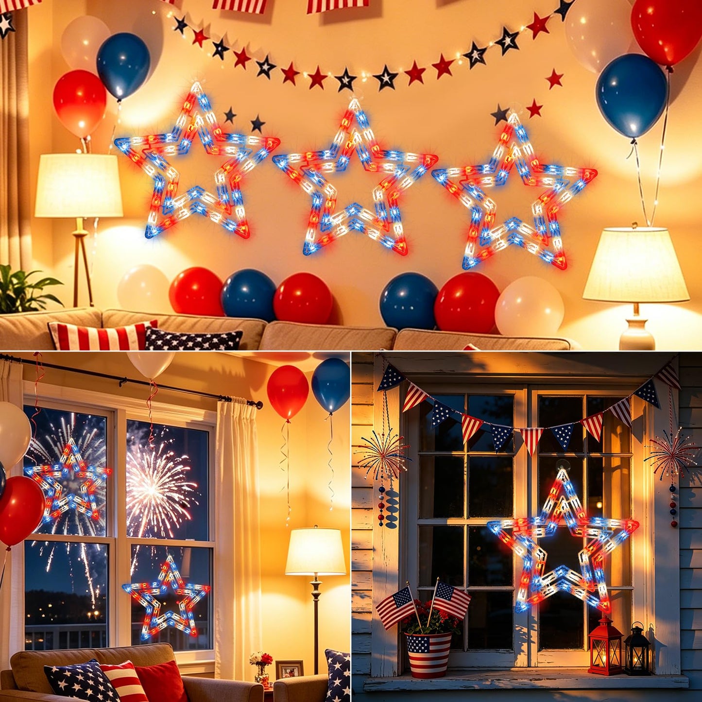 LAMPHOME 14" Lighted Patriotic Star Window Silhouette, Red White Blue LED Decoration with Suction Cup for 4th of July, Memorial Day, Indoor Outdoor Wall Decor