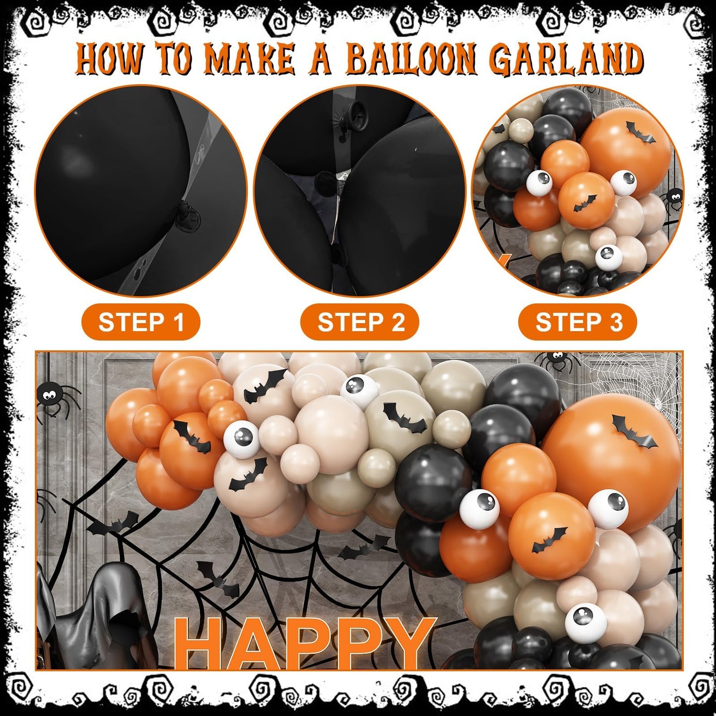 Halloween Balloons Arch Black Orange Beige Balloons Garland Halloween Birthday Party Decorations Orange Black Nude White Sand Latex Balloons with Pumpkin Foil Balloon Eye Print 3D Bat Stikers Decor