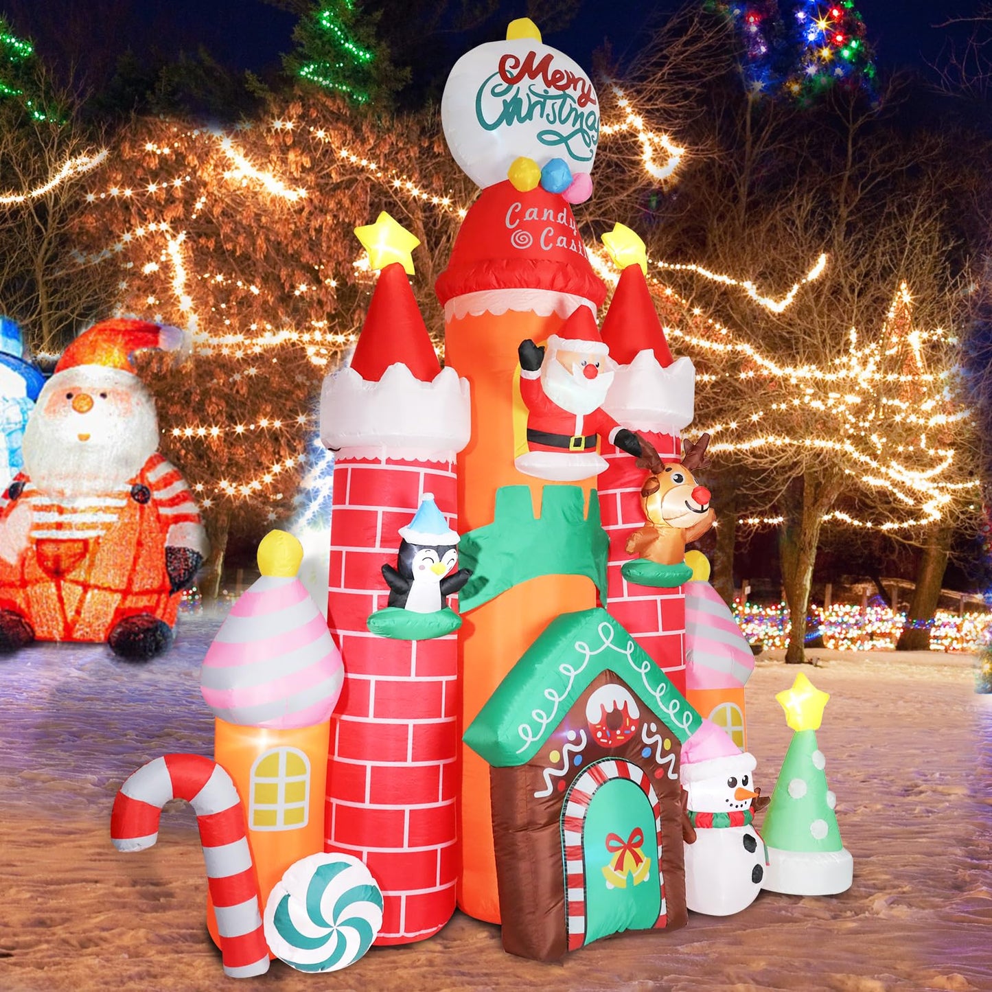 Christmas Inflatables Outdoor Decoration Castle - 10FT Inflatable Christmas Castle with Snowman Penguin Reindeer Giant Outdoor Indoor Blow Up Airblown LED Light Yard Lawn Garden Home