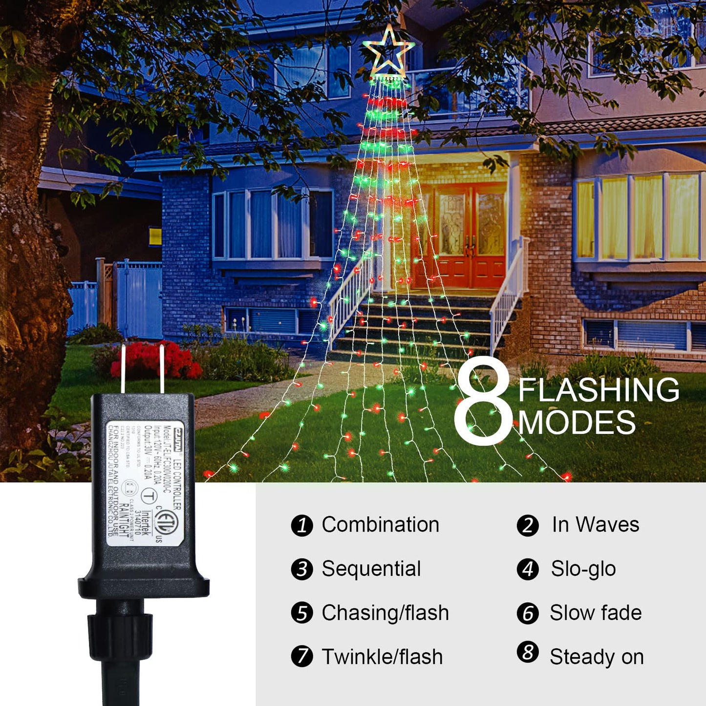 MINIAO Christmas Decorations Star String Lights, 320 LED Waterfall Tree Lights with 13" Topper Star 8 Lighting Modes Indoor Outdoor Decorative for New Year, Holiday, Wedding, Party