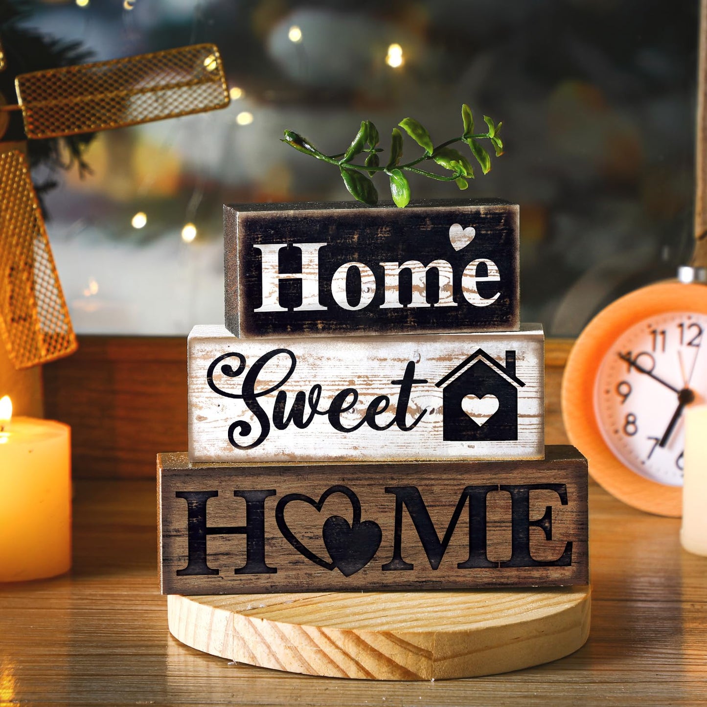 Moucuny 4 Pcs Farmhouse Wooden Tabletop Decor Farmhouse Tiered Tray Decor Rustic Eucalyptus Leaves Wood Block Sign Gift Sweet Home Centerpiece Home Table Decortion