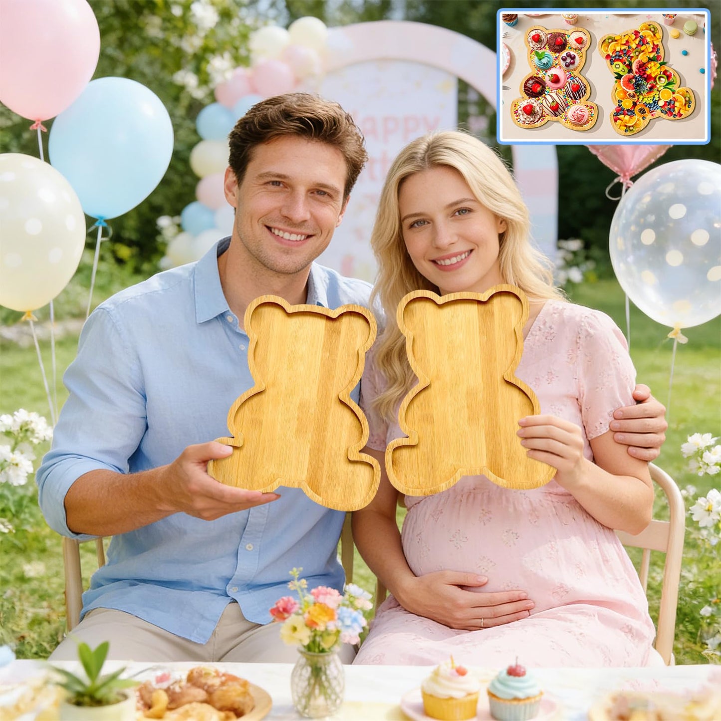 2pc Charcuterie Boards Platters Bear Baby Shower Food Trays Wooden Bear Party Decorations Gender Reveal Food Display Snack Tray Kids Birthday Party Plates Fillable Serving Board for Fruit Cheese