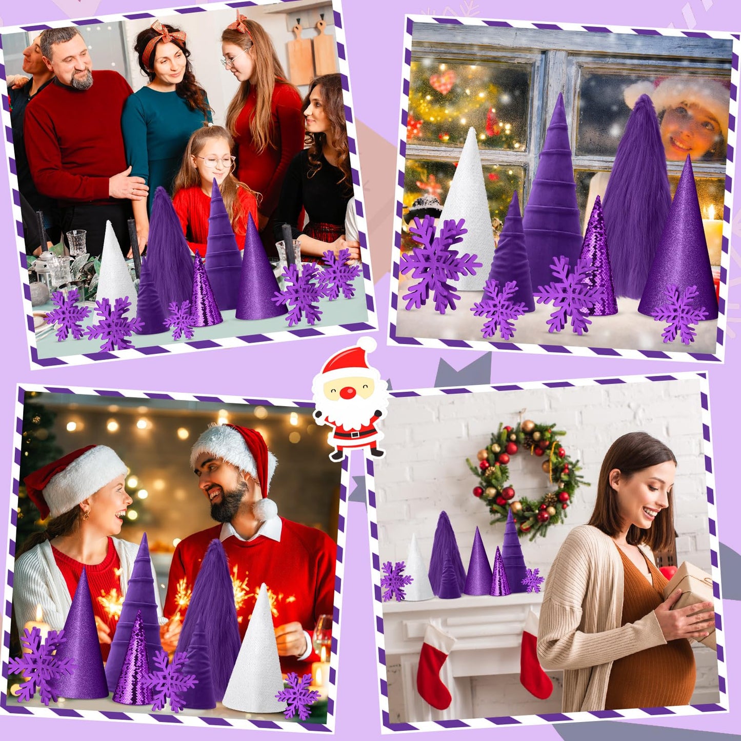 Knitgrip 24 Pcs Large Cone Christmas Trees with Snowflakes Set, 14'' 11'' 8'' Christmas Tree Tabletop Decor & Wooden 3D Snowflake Table Centerpiece for Gifts Winter Home Decorations(Purple)