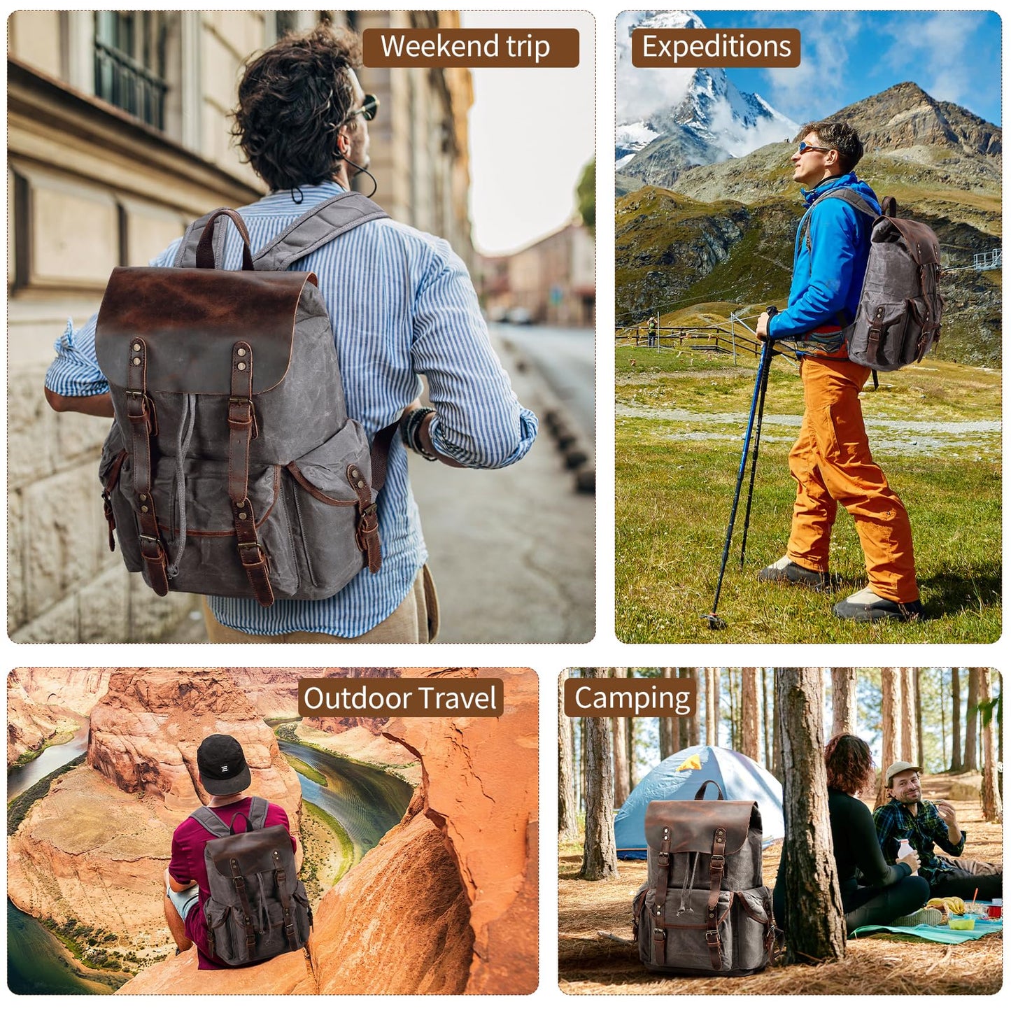 Yamons Genuine Leather Backpack for Men, Waxed Canvas Backpack Shoulder Rucksack with Toiletry Vintage Backpack for Travel,Camping, Hiking(Grey)