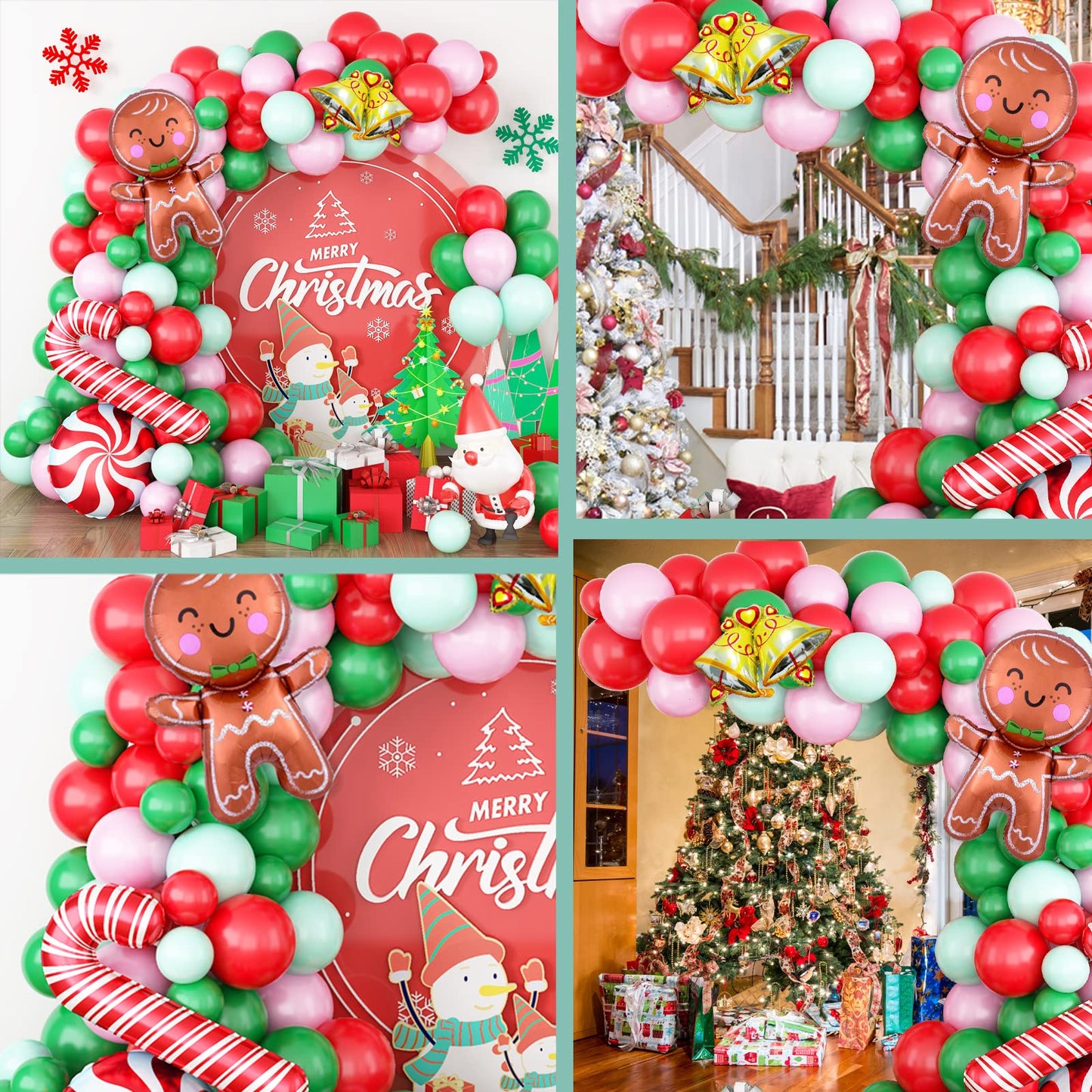 Christmas Balloon Garland Xmas Green Red White Arch kit Macaron green pink balloons Candy Bell Cane Foil Balloons With Large Gingerbread Balloon for Christmas Party Decorations Supplies