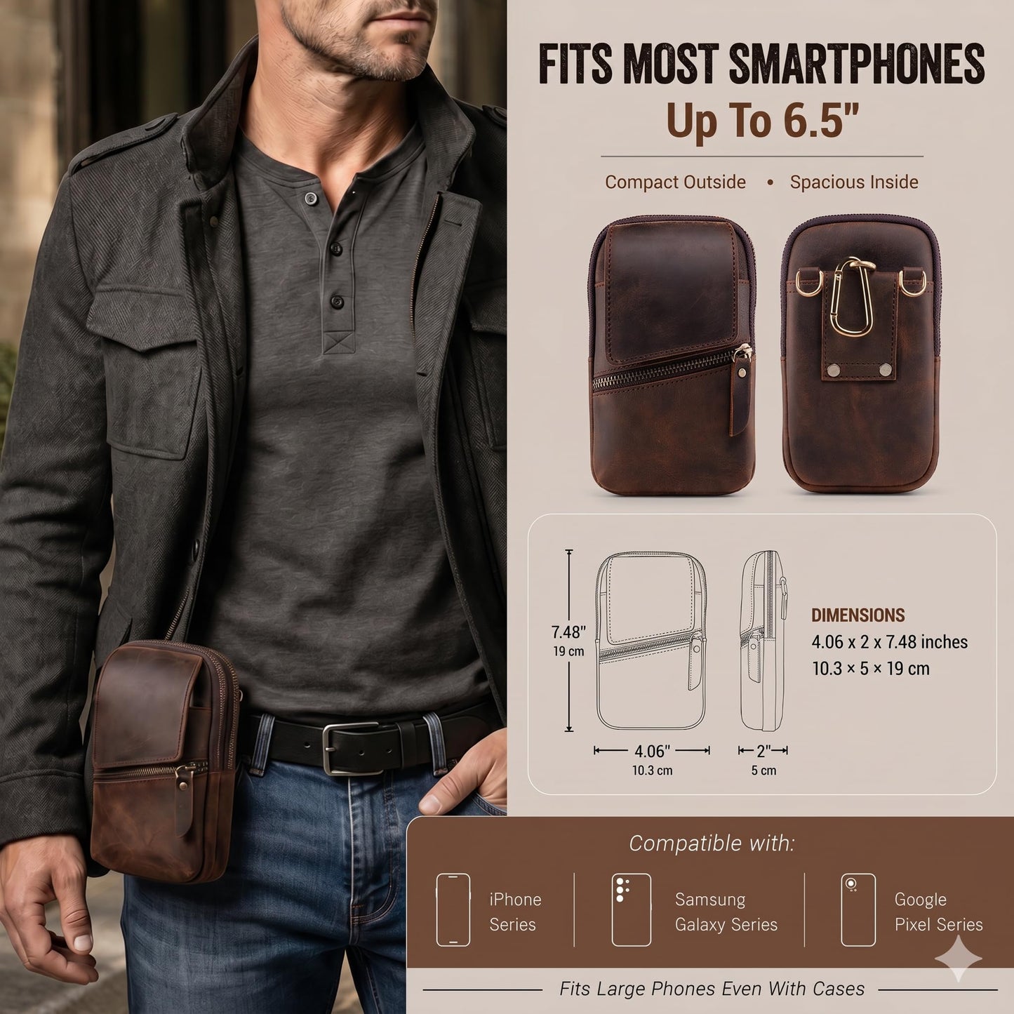 Hengwin Top Grain Crazy Horse Leather Phone Crossbody Bag with Shoulder Strap, Double Layer Cell Phone Pouch with Belt Clip Belt Loop, Multi-Functional Waist Bag Men Purse for Daily & Outdoor (Coffee)