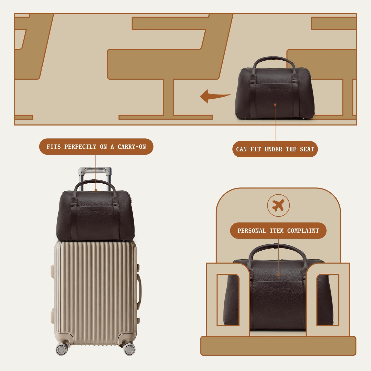Wool & Oak Duffle Suitcase – Full-Grain Leather Travel Bag with Clamshell Opening, 33 L Capacity, Trolley Sleeve & 16″ Laptop Pocket – “DS Carry” Personal-Item Size - Pebble Leather - Chocolate
