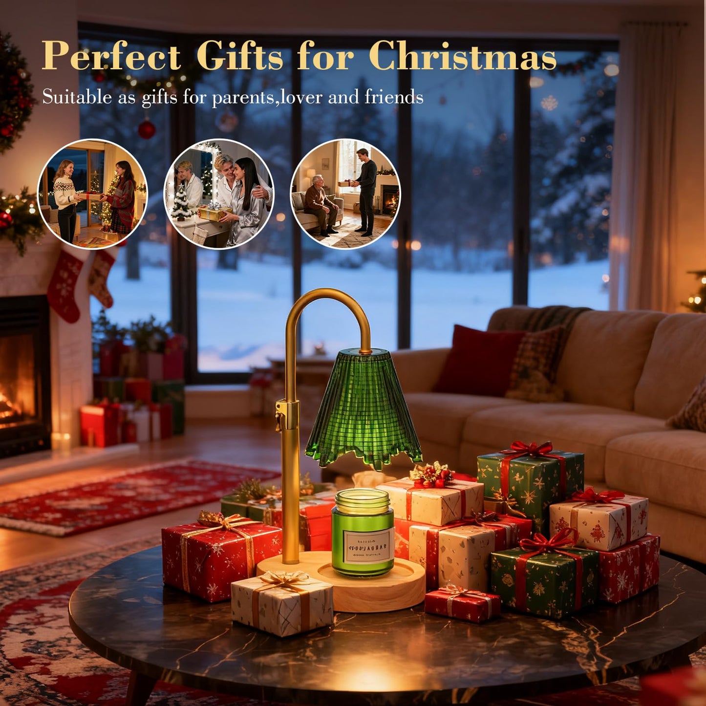 WYghyronic Candle Warmer Lamp with Adjustable Height - Flameless 4-Level Dimmable Wax Warmer with Colorful Glass Shade & Wooden Base, Timer Function & Stylish Design in Multiple Colors (Green 2)