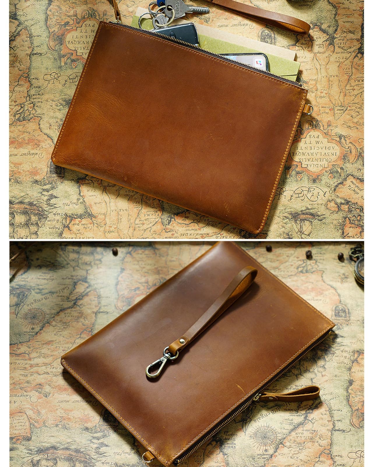 Inkfew Genuine Leather Wristlet for Women and Men, Leather Clutch Business Briefcase Tablet Sleeve Bag with Zip Closure