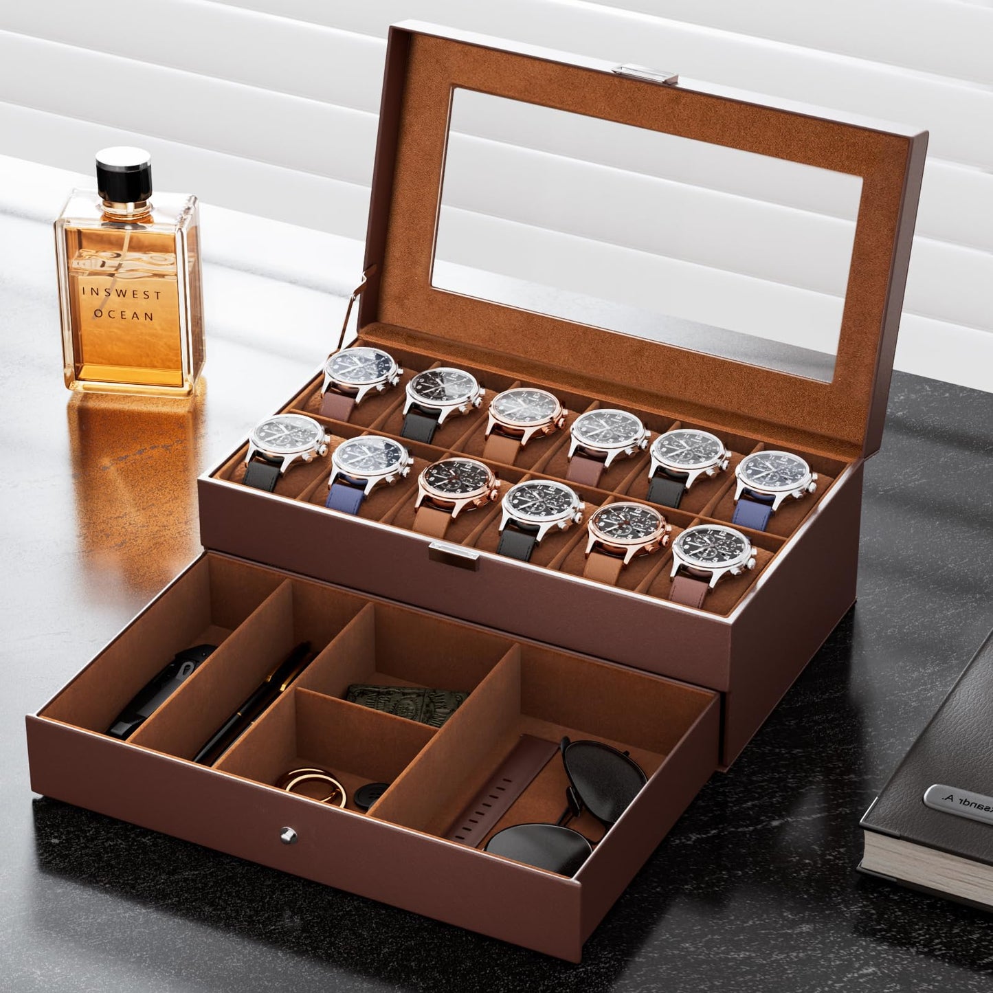 ProCase Watch Box, Fathers Day Gift for Dad, 12 Slot Mens Watch Case With Drawer, 2-Layer Watch Display Case With Glass Lid, Mens Jewelry Box Storage Holder Organizer -12Slot, Espresso
