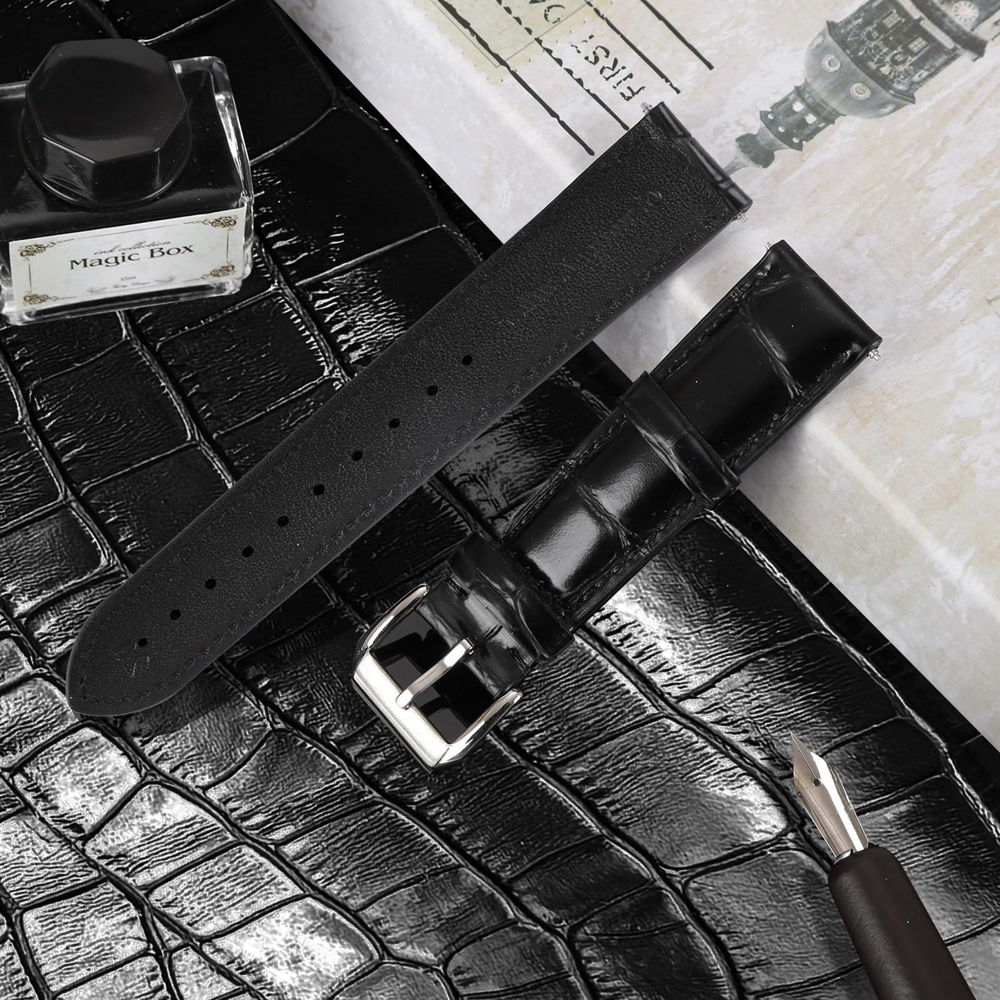Vellsar XL Genuine Leather Watch Band 21mm Watch Straps for Large Wrist - Extra Long Adjustable Replacement Straps, Alligator Grain Embossed Watchband (Black)