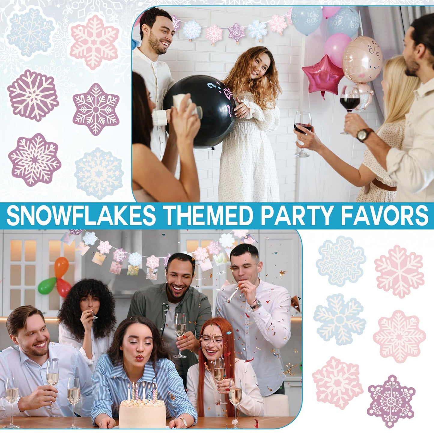 Epakh 24 Sets Winter Snowflake Photo Banner Snowflake Cards Wooden Clips with Ribbon Snowflakes Garland Hanging Ornaments Winter Decorations for Baby Shower Birthday Party Supplies