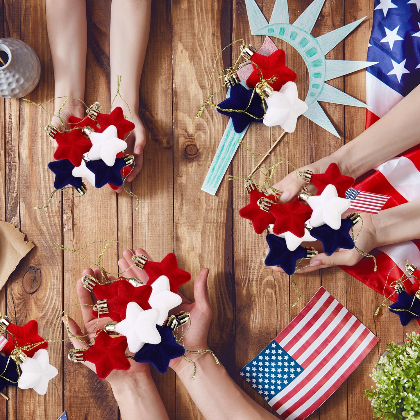 PullCrease 24 Pcs 4th of July Tree Decorations 1.97 Inch Red White Blue Star Ornaments Patriotic Hanging Star Shaped Ornaments for Independence Day 250th Anniversary Holiday Party Supplies