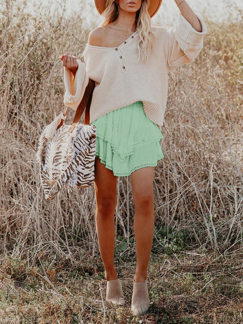 Aoudery Flowy Shorts for Women Casual Boho Ruffle Tiered Skorts High Waist Mini Skirts Golf Tennis Butterfly Crochet Shorts - Light Green XXL