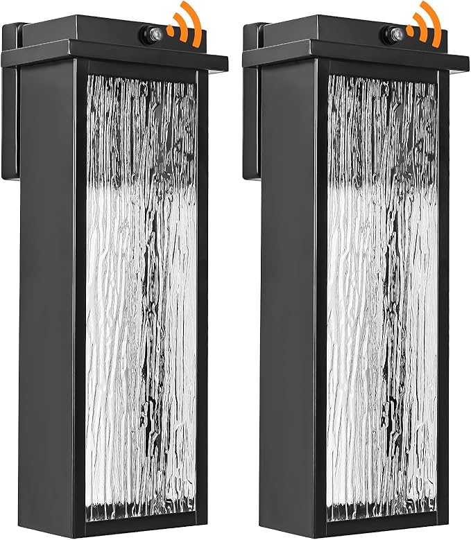 Black LED Dusk to Dawn Outdoor Lighting 2 Packs, 16" Large Outside Farmhouse Wall Lantern, Industrial Porch Wall Mount Light Fixture with Rippled Glass, Waterproof Modern Exterior Sconce Lamp