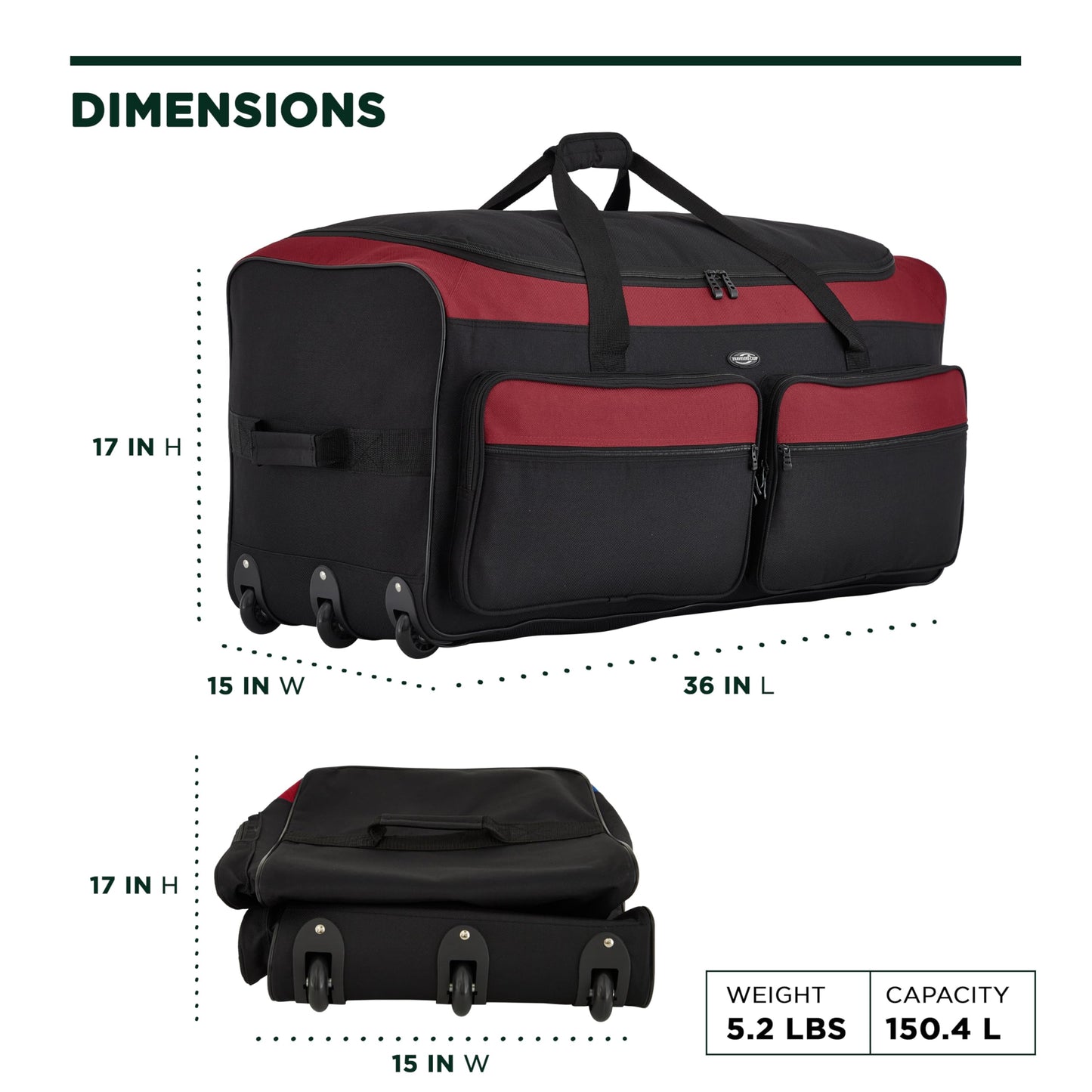 Travelers Club 36" Asgard 3-Wheel Rolling Duffel Bag ,Black and Red