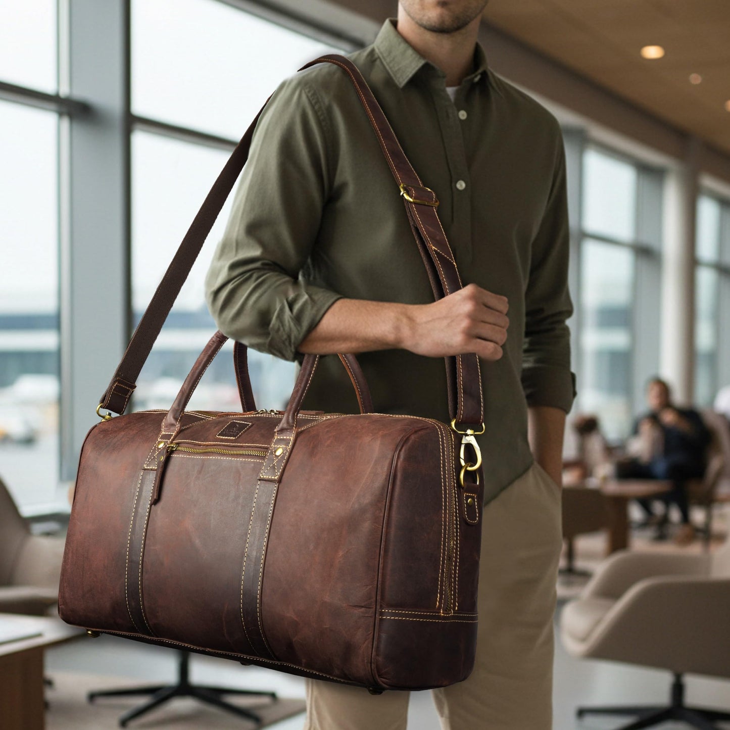 Genuine Leather Duffle Bag for Men & Women – Stylish Travel Weekender Bag with Shoulder Strap – Overnight, Gym, or Carry-On Luggage Bag - Mulburry Brown