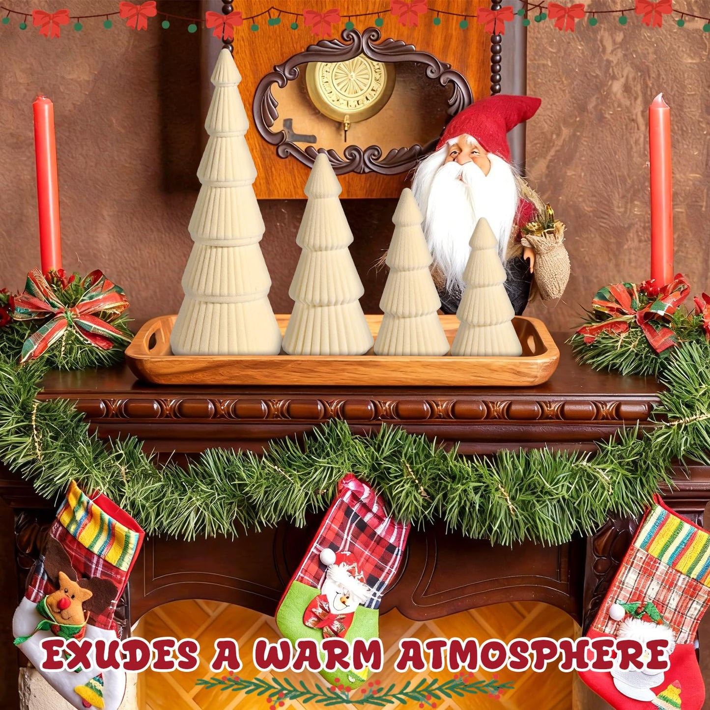 5 Pieces Christmas Velvet Trees Set Modern Christmas Decor 4 Szies Christmas Velvet Cone Trees Table Decoration Winter Decoration for Entryway Mantle Farmhouse(Creamy White)