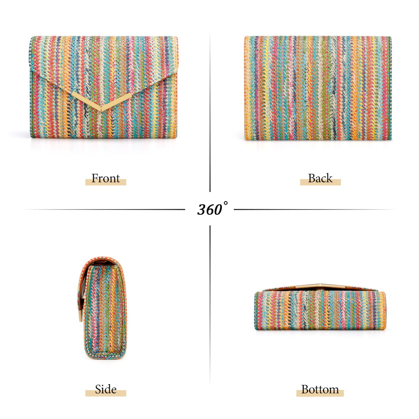 KKXIU Women Straw Envelope Clutch - Woven Handbags for Wedding Party Beach Summer, Purses for Women with Detachable Chain Shoulder Strap